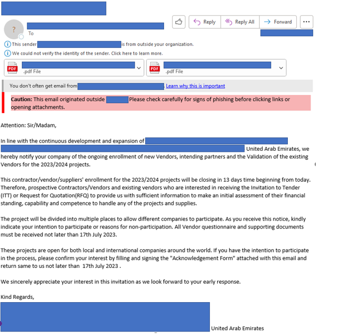 The screenshot displays a phishing email masquerading as an authentic communication from a UAE government organization. The email is designed with such precision that it appears entirely legitimate, making it easy for an unsuspecting victim to fall prey to its deceptive tactics. 
